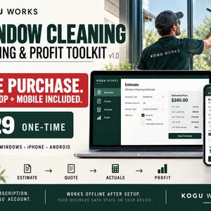Op de afbeelding: Een digitale toolkit genaamd Kogu Works Window Cleaning Pricing & Profit Toolkit v1.0, weergegeven op een laptop- en smartphonescherm. De interface toont schattingsformulieren met velden voor berekeningen en gegevensinvoer.
