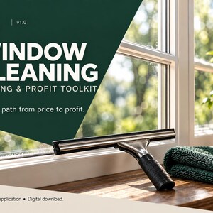 May include: A metal window squeegee with a black handle rests on a wooden sill next to a folded dark green cloth. The graphic overlay features the text KOGU WORKS, WINDOW CLEANING PRICING & PROFIT TOOLKIT, and A clear path from price to profit.