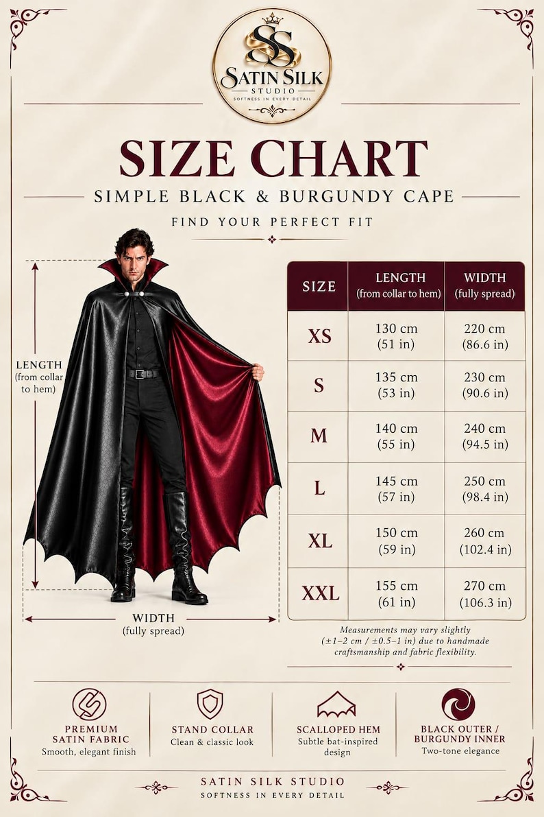 Black Satin Gothic Cloak, Burgundy Lined Vampire Cape, High Collar ...