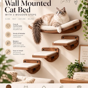 May include: A wall-mounted cat bed with three matching wooden steps, featuring a curved walnut-finish platform and three smaller rectangular platforms, all topped with soft white cushions. A fluffy cat rests on the top curved bed.