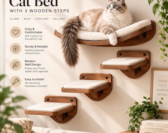 Wall Mounted Cat Bed with 3 Wooden Steps, Modern Climbing Furniture, Floating Perch