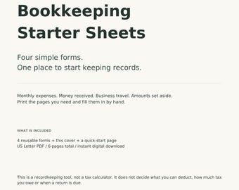 Buchhaltungs-Starterblätter: Ausgaben, Einnahmen, Kilometerstand, Steuern (Digitaler Download)