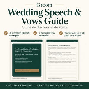 May include: A digital wedding speech and vows guide for grooms, featuring a dark green cover with white text and a second page showing instructional content. The document includes 33 pages of examples, worksheets, and cue cards for writing.