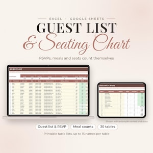 May include: A digital guest list and seating chart template for Excel and Google Sheets. The display shows a laptop and tablet screen with data tables, including columns for names, contact info, and RSVP status, with text labels for features.