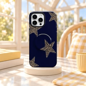 Navy Blue Leopard Star Phone Case, Bold Animal Print, Cute Edgy Statement Design