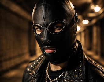 Svart lädermask med huva | Gotisk punk cosplay halloweenkostym (justerbar)