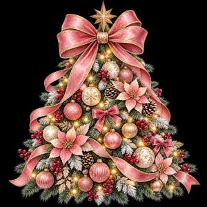 Puede incluir: Un árbol de Navidad decorado con un gran lazo rosa en la parte superior, una estrella dorada, adornos rosas y dorados, racimos de bayas rojas, piñas y flores de pascua rosas, iluminado por luces blancas cálidas sobre un fondo negro.