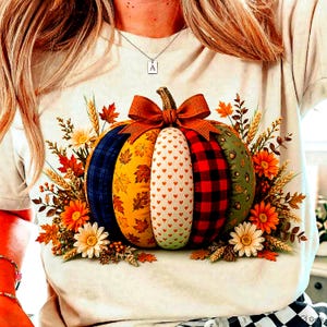 Può includere: Una t-shirt color crema con una grande grafica di una zucca composta da vari segmenti di tessuto a fantasia, inclusi quadri, cuori e foglie autunnali. La zucca è sormontata da un fiocco arancione ed è circondata da fiori autunnali.