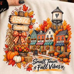 May include: A cream-colored t-shirt featuring a graphic of a small town street in autumn with orange and red leaves, pumpkins, a water tower with a heart, and a wooden sign reading 05672 Stowe, VT. The text Small Town Fall Vibes is below.