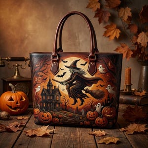 Könnte beinhalten: Eine strukturierte Ledertasche mit einem lebendigen Halloween-Motiv. Das Design zeigt eine Hexe auf einem Besen über einem Spukhaus, umgeben von einem Vollmond, Fledermäusen, Geistern und geschnitzten Kürbissen in Orange- und Brauntönen.