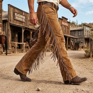 May include: Tan suede leather trousers featuring long, flowing fringe detailing along the outer seams of each leg. The trousers are worn with a dark brown leather belt with a metallic buckle and dark brown leather boots, creating a classic western look.