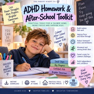 May include: ADHD Homework & After-School Toolkit with 19 printable pages. Includes a stack of four colored books labeled Small Steps, Big Progress, Confident Kids, and Brighter Tomorrows. Features text about routines, focus, and stress reduction for families.