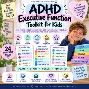 May include: An ADHD Executive Function Toolkit for Kids featuring 24 printable pages with colorful charts, icons, and text including My Plan for Today, Break It Down, and When I Feel Stuck. The toolkit includes practical tools to help kids focus.