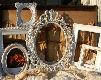 Set Of 6 Distressed Shabby chic Frames, Rustic, Frame Set, Antique White And Gold Wall Decor