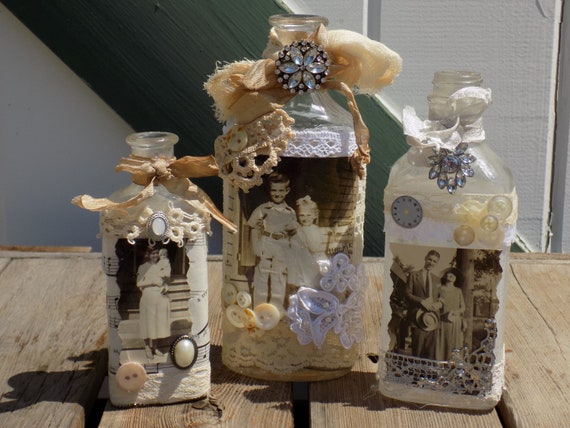 Sale Set Of 3 Antique Decorated Bottles Shabby Chic Home Etsy