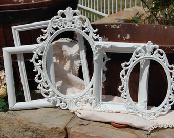 Empty PICTURE FRAMES - Vintage White Ornate Picture Frames - Shabby Chic OPEN frames Set of 5