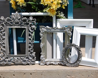 White And Silver Picture Frames - Gallery Wall Picture Frame Set - Wedding - Shabby Chic Frame Collection