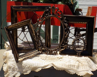 Victorian Picture Frames -  Set of 5 Black & Gold Ornate Picture Frames - Vintage Gallery Wall Decor