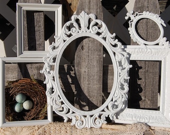 Set Of 5 Antique White Wall Frame / Ornate Gallery Frames / Shabby Chic Vintage Frames
