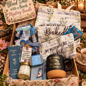 May include: A gift box containing a tote bag and pouch with floral prints and the text My Weekend Is Booked, a black mug with cork base reading So Many Books So Little Time, a blue bookmark, a candle, a soap bar, and a sign reading Blind Date with a Book.