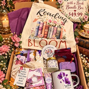 May include: A gift box containing a canvas tote bag with a book illustration and the text Reading helps you BLOOM, a white mug with purple flowers and the text You Rock, a lavender candle, hand cream, a velvet pouch, and a book tag.