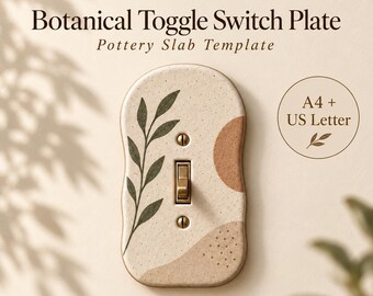 May include: A ceramic toggle switch plate featuring a speckled cream finish with a green botanical leaf illustration, abstract terracotta shapes, and small dots. The text reads PotteryDigga, Botanical Toggle Switch Plate, Pottery Slab Template, A4 + US Letter, and Digital Download.