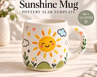 May include: A white ceramic mug featuring a hand-painted yellow sun with a smiling face, green hills, small flowers, blue clouds, and stars. The text reads PotteryDigga Sunshine Mug Pottery Slab Template, A4 + US Letter, and Digital Download.