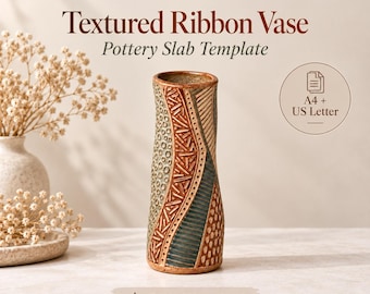 May include: A cylindrical ceramic vase with a textured surface featuring geometric patterns in shades of brown, green, and cream. The text PotteryDigga, Textured Ribbon Vase, Pottery Slab Template, A4 + US Letter, and Digital Download are visible.