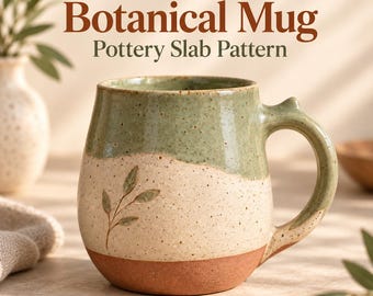 May include: A ceramic mug with a speckled finish featuring a sage green upper section, a cream middle section with an embossed leaf design, and a solid terracotta base. The text Botanical Mug Pottery Slab Pattern is visible above the mug.