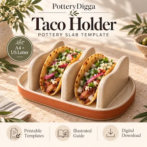 Op de afbeelding: Een PotteryDigga Taco Holder aardewerk sjabloon digitale download met een beige gespikkelde keramische tacohouder met twee sleuven waarin taco's staan. De afbeelding bevat de tekst: PotteryDigga, Taco Holder, POTTERY SLAB TEMPLATE, A4 + US Letter.
