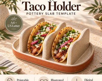 May include: A PotteryDigga Taco Holder pottery slab template digital download featuring a beige speckled ceramic taco holder with two slots holding tacos. The image includes text: PotteryDigga, Taco Holder, POTTERY SLAB TEMPLATE, A4 + US Letter.