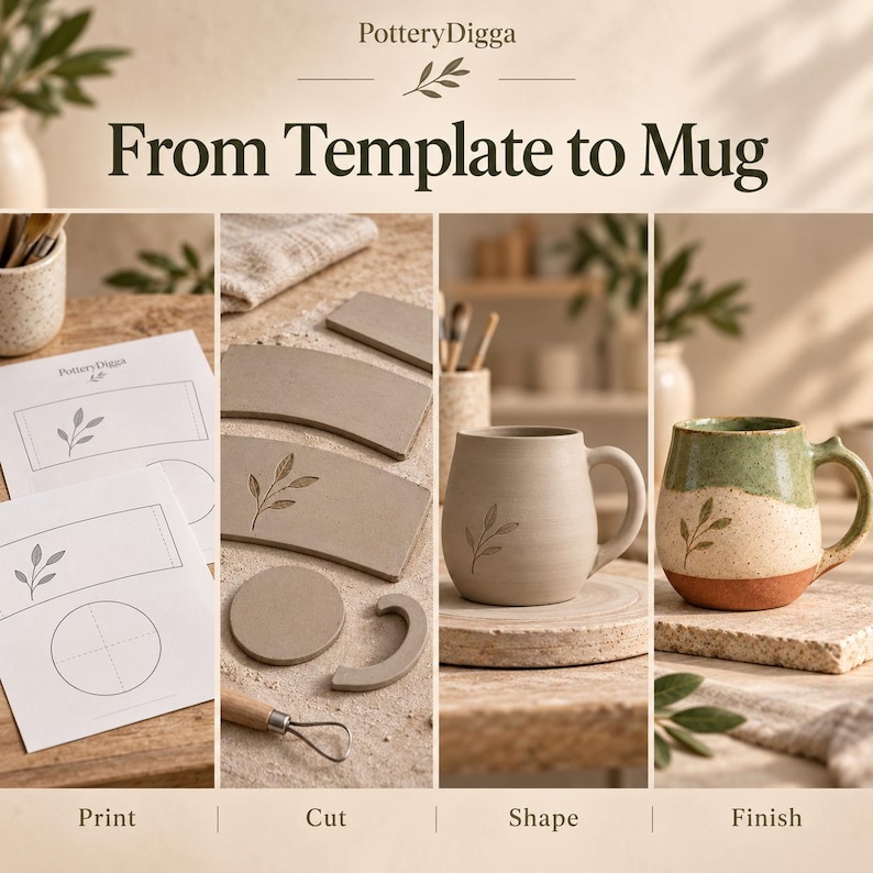 May include: A four-part instructional graphic titled From Template to Mug by PotteryDigga. It shows the process of printing paper templates, cutting clay pieces, shaping a clay mug, and the final finished mug with a green and brown glaze.