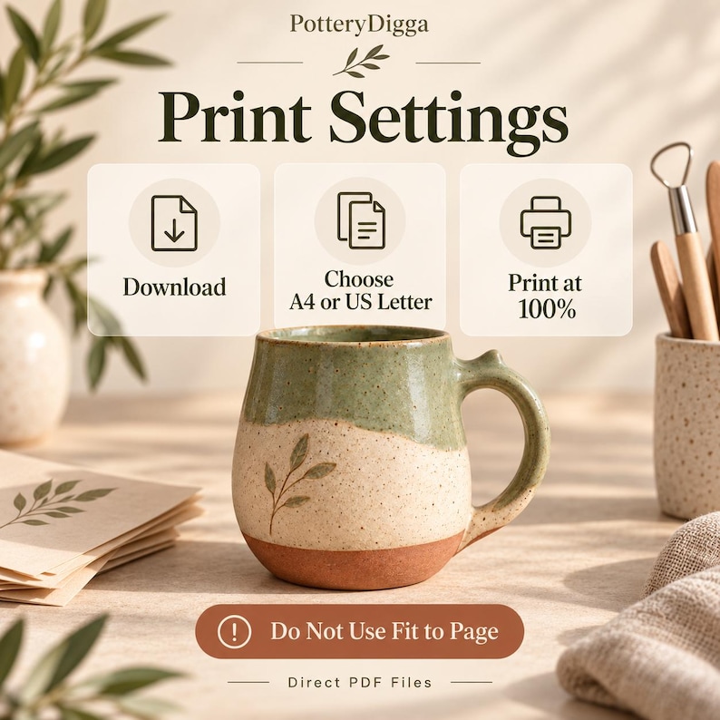May include: A ceramic mug with a speckled green and cream glaze and a leaf design, displayed with an instructional graphic titled Print Settings from PotteryDigga, detailing download, paper size, and printing instructions for PDF files.