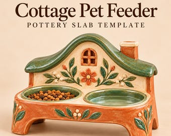 May include: A ceramic pet feeder shaped like a cottage with a green roof, a chimney, and two circular bowls. The base is terracotta-colored with embossed floral and leaf patterns. Text reads: PotteryDigga Cottage Pet Feeder POTTERY SLAB TEMPLATE.