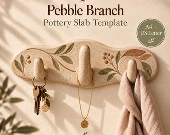 May include: A beige speckled ceramic wall hook rack with three hooks, featuring painted green leaves and red berries. The text reads PotteryDigga, Pebble Branch Pottery Slab Template, A4 + US Letter, and Digital Download. Keys and a necklace hang from the hooks.
