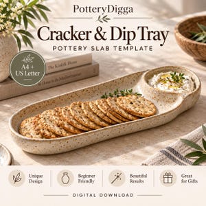 Op de afbeelding: Een gespikkeld keramieken cracker- en diptray met een langwerpig ovaal gedeelte voor crackers en een rond gedeelte voor dip. De tekst PotteryDigga Cracker & Dip Tray Pottery Slab Template A4 + US Letter is zichtbaar. Dit is een digitaal bestand.