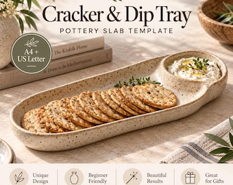 May include: A speckled ceramic cracker and dip tray featuring a long oval section for crackers and a circular section for dip. The text PotteryDigga Cracker & Dip Tray Pottery Slab Template A4 + US Letter is visible. It is a digital download product.