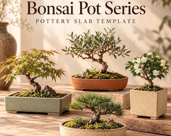 May include: PotteryDigga Bonsai Pot Series pottery slab template featuring four ceramic bonsai pots in rectangular, square, and round shapes with textured finishes in sage green, terracotta, cream, and speckled beige, each holding a bonsai tree.