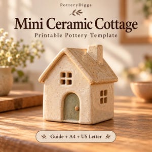 Puede incluir: Una casita de cerámica beige con acabado moteado, puerta arqueada verde y chimenea. El texto dice: PotteryDigga, Mini Ceramic Cottage, Printable Pottery Template, Guide + A4 + US Letter. La estructura presenta un tejado a dos aguas y ventanas.