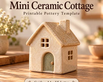 May include: A beige ceramic cottage with a speckled finish, a green arched door, and a chimney. The text reads: PotteryDigga, Mini Ceramic Cottage, Printable Pottery Template, Guide + A4 + US Letter. The structure features a gabled roof and windows.