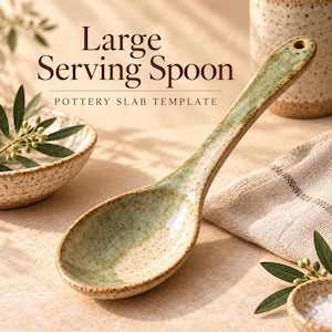 May include: A large ceramic serving spoon with a speckled cream and sage green glaze. The handle features a small hole at the end for hanging. The text "Large Serving Spoon POTTERY SLAB TEMPLATE" is printed above the spoon in dark brown.