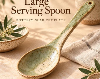 May include: A large ceramic serving spoon with a speckled cream and sage green glaze. The handle features a small hole at the end for hanging. The text "Large Serving Spoon POTTERY SLAB TEMPLATE" is printed above the spoon in dark brown.