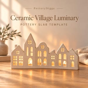 May include: A beige ceramic village luminary featuring multiple house structures with cut-out windows and doors. The piece is illuminated from within by small candles. Text reads: PotteryDigga Ceramic Village Luminary POTTERY SLAB TEMPLATE.