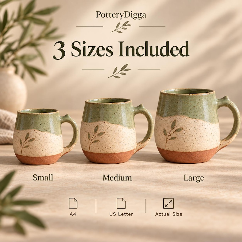May include: Three ceramic mugs in small, medium, and large sizes, each featuring a speckled cream and sage green glaze with a terracotta base and a leaf illustration. The text reads PotteryDigga, 3 Sizes Included, Small, Medium, Large, A4, US Letter, Actual Size.