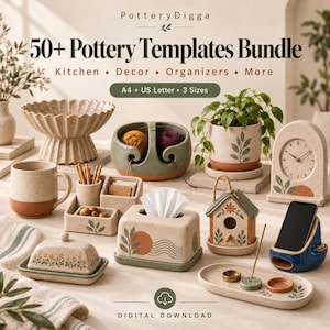 Könnte beinhalten: Ein digitales Vorlagenpaket mit dem Titel 50+ Pottery Templates Bundle in den Formaten A4 und US Letter. Das Bild zeigt verschiedene Keramikobjekte, darunter eine Schale, eine Tasse, eine Garnschale, einen Übertopf, eine Uhr und einen Räucherstäbchenhalter.
