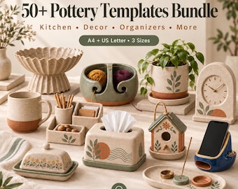 May include: A digital download bundle titled 50+ Pottery Templates Bundle featuring A4 and US Letter sizes. The image displays various ceramic items including a bowl, mug, yarn bowl, planter, clock, tissue box, butter dish, and incense holder.