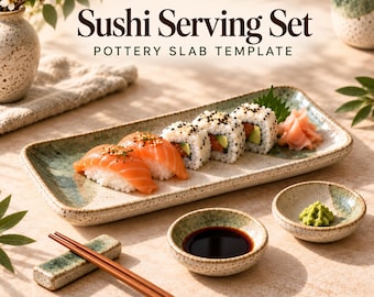 May include: A pottery slab template for a sushi serving set, featuring a rectangular plate, two small round dipping bowls, and a chopstick rest, all with a speckled cream and green glaze. The text reads Sushi Serving Set POTTERY SLAB TEMPLATE.