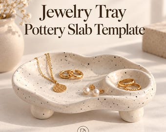May include: A speckled off-white ceramic jewelry tray with an irregular organic shape, three small ball feet, and a circular recessed section. The text reads Pottery Digga Jewelry Tray Pottery Slab Template and Digital Download.
