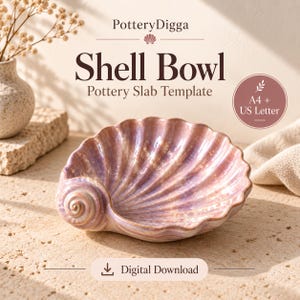 Puede incluir: Una plantilla digital de losa de cerámica para un cuenco de concha, con el texto PotteryDigga, Shell Bowl, Pottery Slab Template, A4 + US Letter y Digital Download. La imagen muestra un cuenco en forma de concha de color rosa y morado iridiscente.