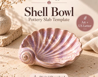 May include: A digital download pottery slab template for a shell bowl, featuring the text PotteryDigga, Shell Bowl, Pottery Slab Template, A4 + US Letter, and Digital Download. The image displays a glossy, iridescent pink and purple shell-shaped bowl.